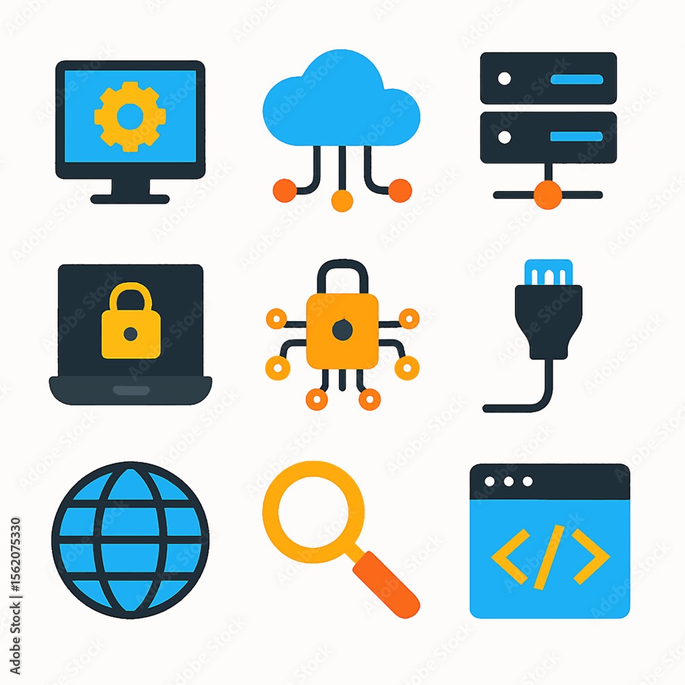 Poster network infrastructure vector icons depicting cloud computing and cybersecurity