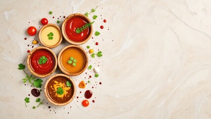 Various flavorful condiments in wooden bowls served on a neutral surface with herb and small tomato garnishments