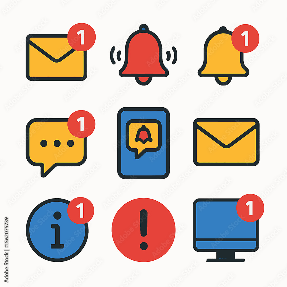 Poster notification icons set with counter showing one new alert on messages and alerts