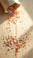Colorful candy sprinkles spill from a brown paper bag onto a light wooden surface with a shallow depth of field