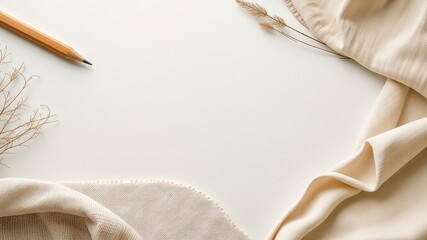 Minimalist neutral desktop setup with a cloth, dried plants, and a wooden pencil framing a clean white space
