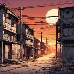 Anime Deserted Ghost Town Vector Illustration - Mystical Abandoned City Art