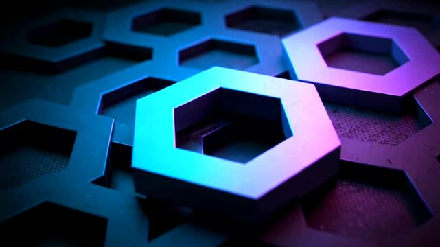 Geometric shapes of interlocking hexagons in cool, blue and purple hues, creating a 3D effect with shadows