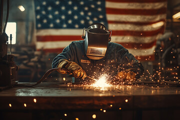 Welder in a workshop with american flag welding metal creating bright sparks profession