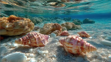 Underwater scene showcasing colorful seashells on a sandy ocean floor with rocks
