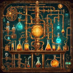 Fantasy Digital Alchemy Lab Mural – Infographic Style for Wall Art and Science Decor