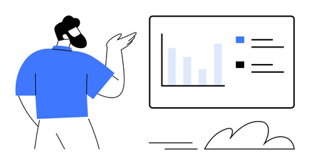 Man gesturing at a screen showing a bar graph and bullet points. Ideal for analytics, presentation, communication, strategy, teamwork, data, education. Simple flat metaphor