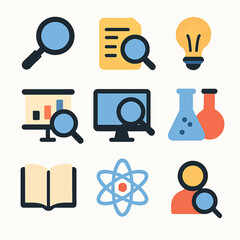 Research and Discovery vector icon set featuring scientific analysis and exploration