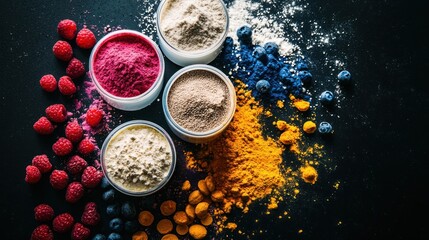 A colorful arrangement of various powders and powdery substances on a dark surface, with a mix of bright and muted colors, including red, blue, yellow, and pink, with a few berries scattered around.