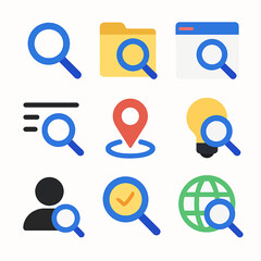 Search icons collection featuring magnifying glass, folder, location, lightbulb and document