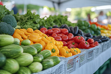 A colorful and fresh display of seasonal produce at an outdoor farmers market