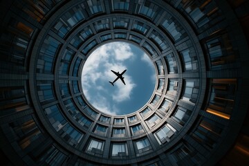 Low-angle view of an airplane flying through the central aperture of a circular glass and concrete building, symmetrical architectural composition against a dark sky backdrop