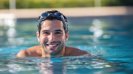 A man swimming in a pool with goggles on, wearing a swimsuit, with a green and blue pool in the background.
