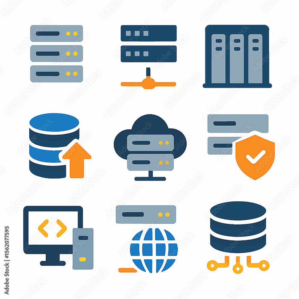 Poster server and database network data centers with global connection and protection icons