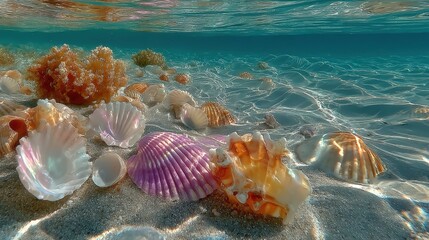 Underwater scene showcasing vibrant seashells and coral on a sandy ocean floor