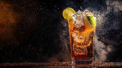 A glass of cola with ice cubes and a slice of lime on a dark background with splashes of soda and smoke.
