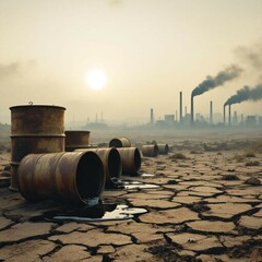 Leaking rusty barrels polluting dry cracked earth near industrial smokestacks