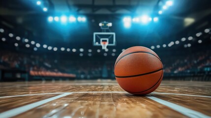 A basketball on a court with a blurred background of a basketball hoop and audience.