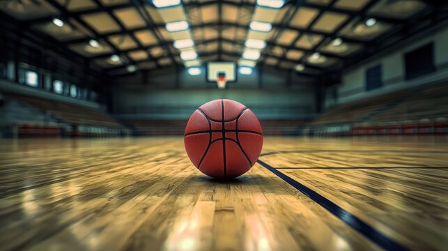 A basketball on a wooden court with a blurred background.