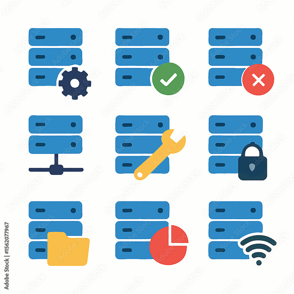 Poster server icons with settings, security, network, and data analysis elements display