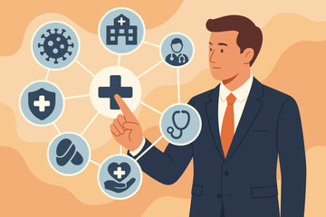 Businessman managing healthcare on a virtual screen. Health insurance concept with medical network icons for hospital, doctor, and pandemic response. Digital health technology.