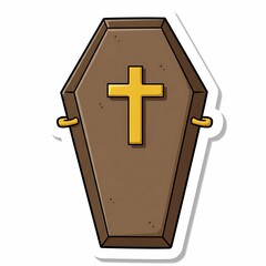 Obraz premium Cartoon Coffin Sticker with Gold Cross Brown Wood Texture Isolated on White.