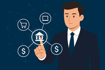Businessman managing finance with online banking on a virtual interface. Fintech concept with icons for digital payments, e-commerce, investment and global financial network.
