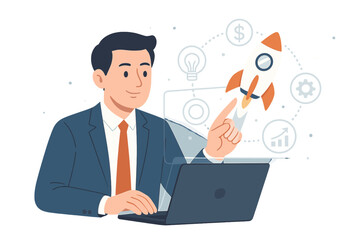 Businessman working on laptop launching business startup project. Rocket flying from virtual interface. Concept of innovation, development, success, marketing, strategy and growth.