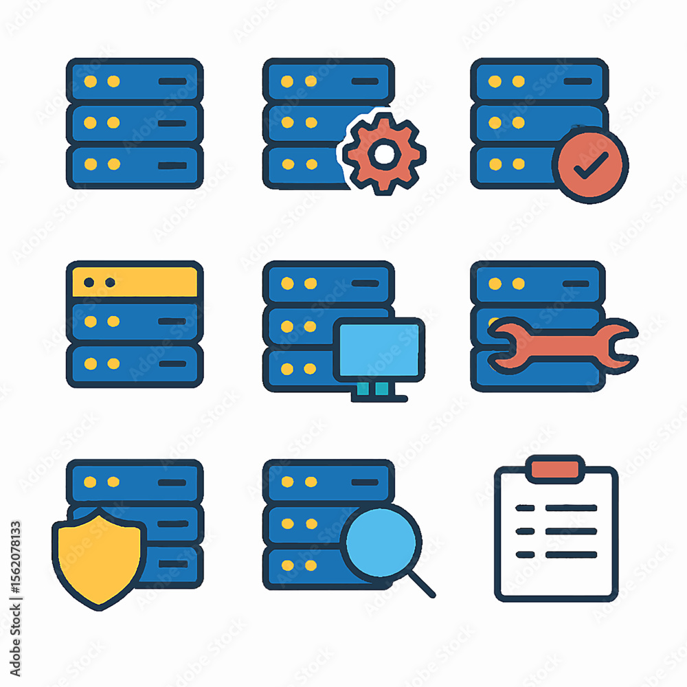 Poster server maintenance and network infrastructure icons showing data management concepts