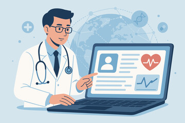 Doctor analyzing electronic medical record on a laptop. Telemedicine, online consultation, digital healthcare concept. EMR patient data, cardiology EKG. Global health network.