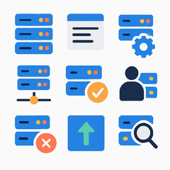 Server management icons set featuring connection, settings, upload, and search operations