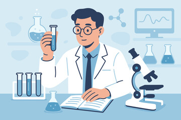 Scientist in medical laboratory doing research and development. Male doctor holding a test tube, conducting an experiment. Concept for science, biotechnology, and healthcare innovation.