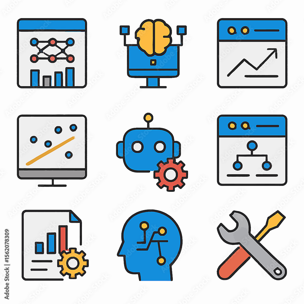 Poster Set of Artificial Intelligence Icons Representing Machine Learning and Automation Concepts