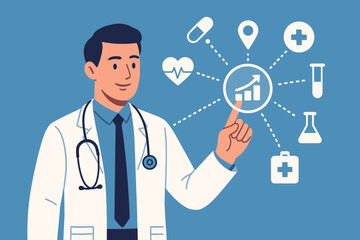 Doctor and digital health interface with medical service icons. Concept of healthcare technology, telemedicine, patient data management, online consultation, and diagnostics analysis.