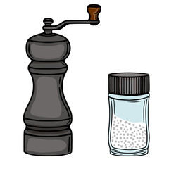 Vector illustration of a vintage manual pepper grinder and a jar of peppercorns, showcasing a hand-drawn style with dark gray and brown accents against a white background.