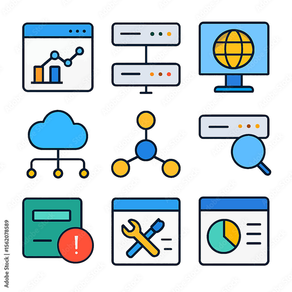 Poster set of colorful technology icons representing data analysis and network concepts
