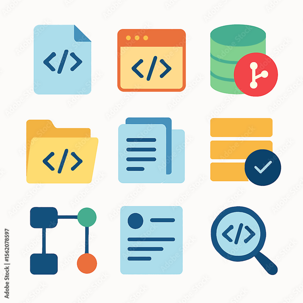 Poster Set of colorful vector icons representing software development and database management