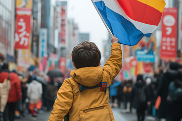 A young child waves a flag during a protest in a city street demonstrating support