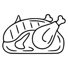 A vector illustration of a roasted chicken with grill marks, presented in a simple, bold line art style, ideal for menu design or culinary-themed projects.