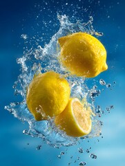 Lemons Splashing in Water Against a Blue Background