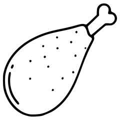 A vector illustration of a single chicken leg, featuring a simple, hand-drawn style with black outlines and subtle dotted texture, perfect for menu design or food-related projects.