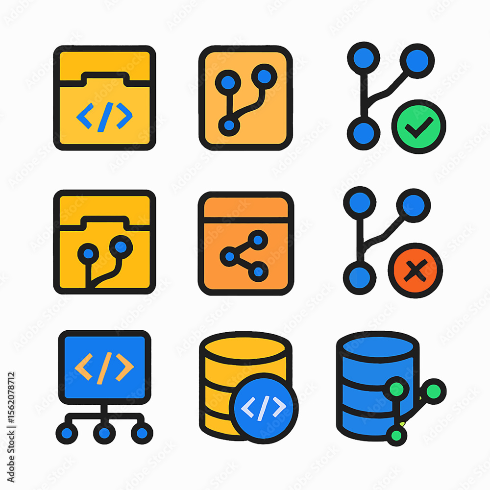 Poster Set of colorful vector icons representing software development and database themes