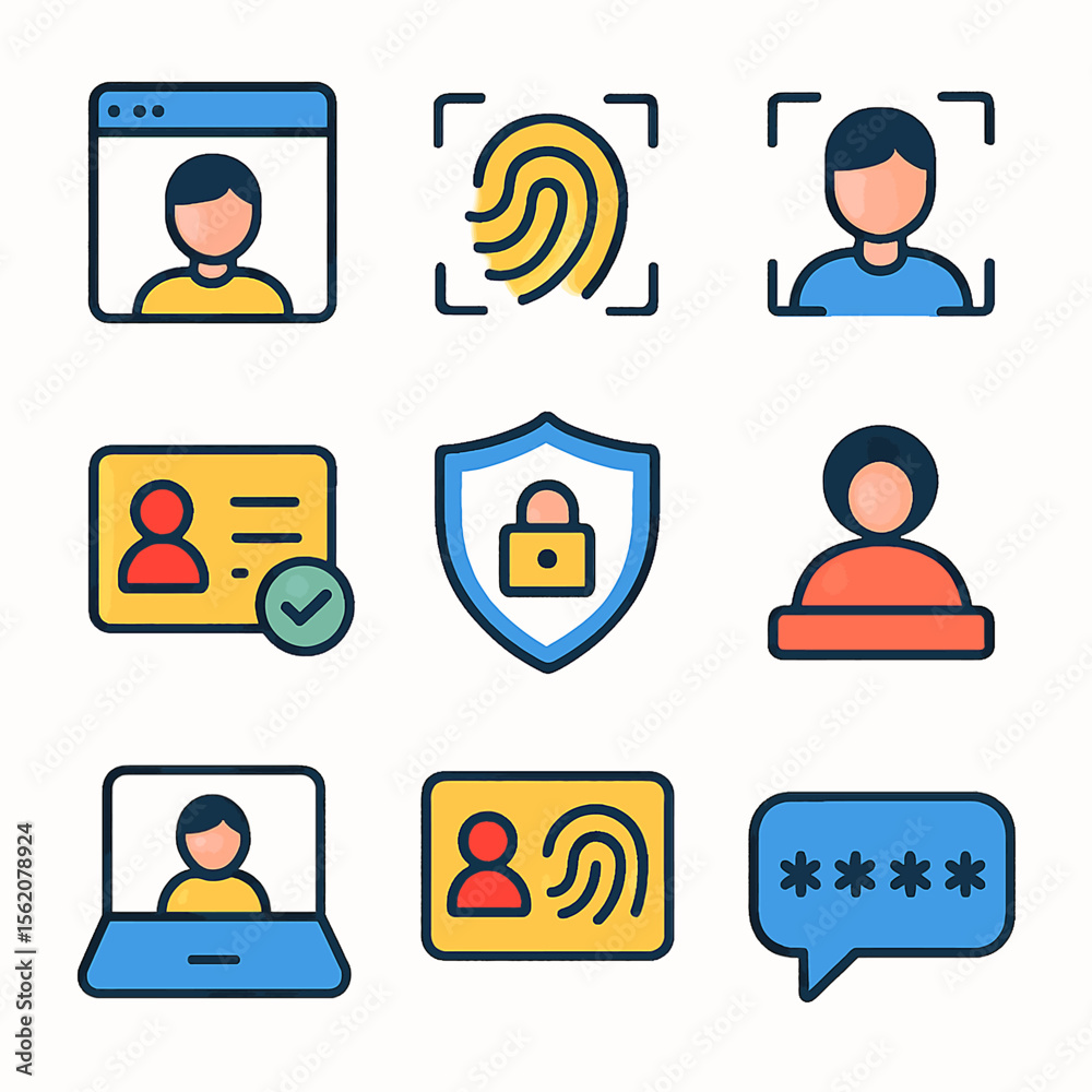 Poster set of identification icons representing digital identity and secure access