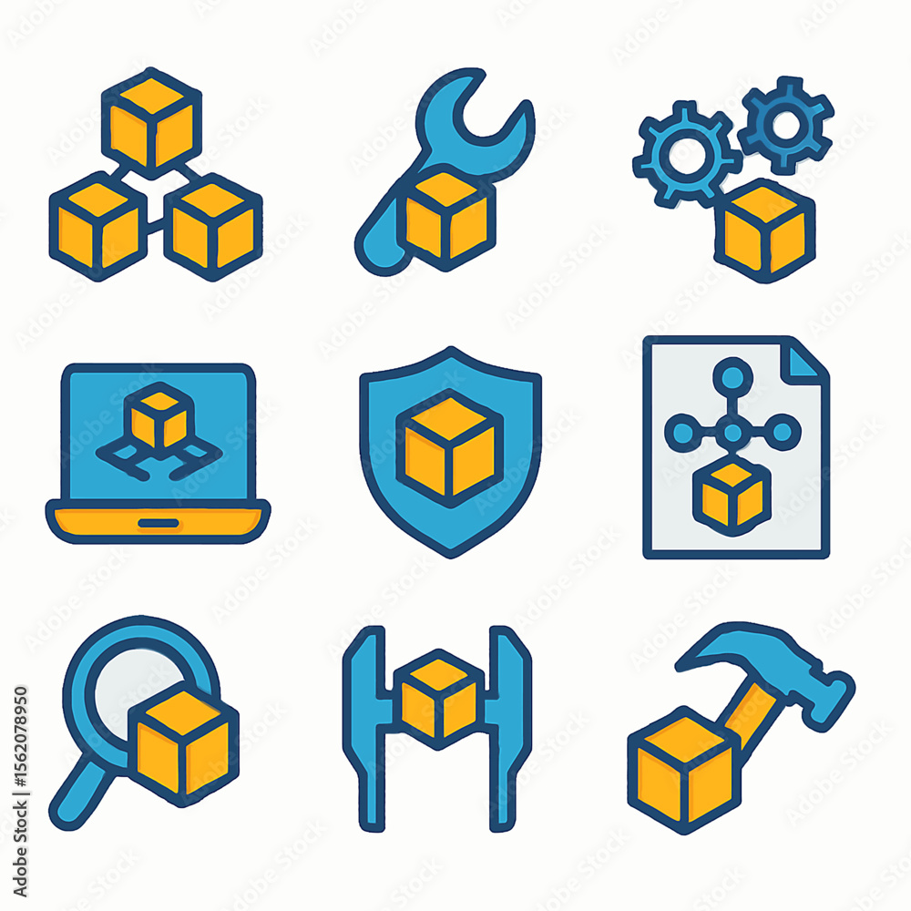 Poster set of engineering and development icons featuring connected cubes and tools