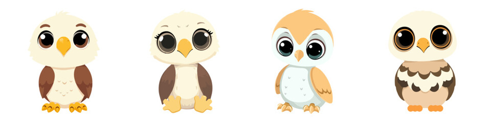 Set of Cute Cartoon Eagle Vector Illustrations Adorable Baby Birds Collection Graphic Elements for Kids and Animal Designs