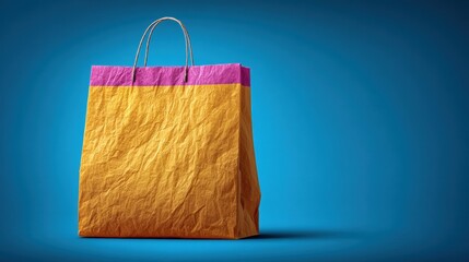 Vibrant, crumpled shopping bag against a solid blue backdrop, ideal for retail and marketing use