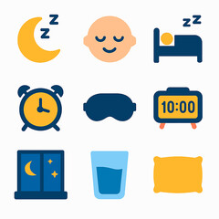 Sleep and bedtime vector icons set featuring moon, sleeping face, bed and alarm clock