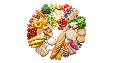 Circular diagram of five food groups with colorful images Transparent background, PNG