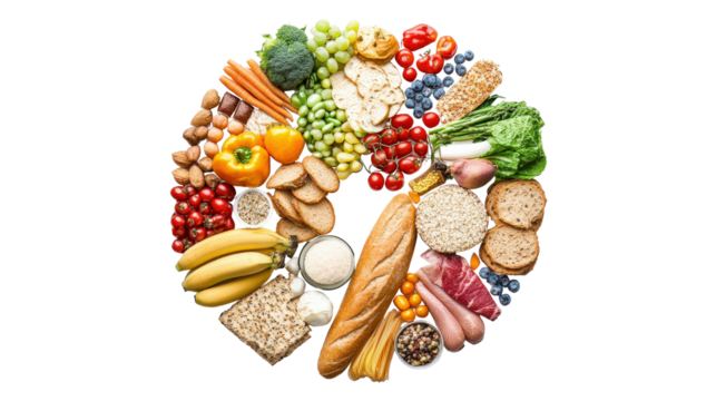 Circular diagram of five food groups with colorful images Transparent background, PNG