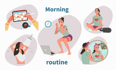 Young woman's morning routine. Vector cartoon flat style illustration